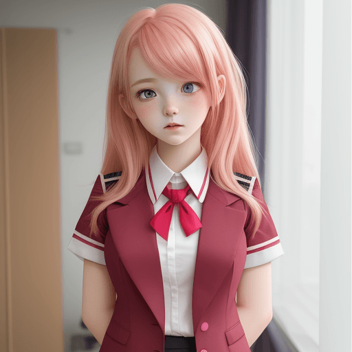 AI generated: girl young with red/pink hair, blushed, with schol uniform white, shy (SFW)