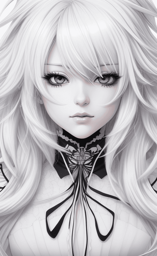 AI generated:  Anime portrait clean line art, black pen line high detail,,wild dynamic white hair, wonderland ,col...