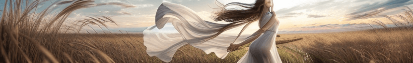 AI generated: HDR photo of woman posing in a field of reeds, long brunette hair braid blowing in the wind, sheer f...