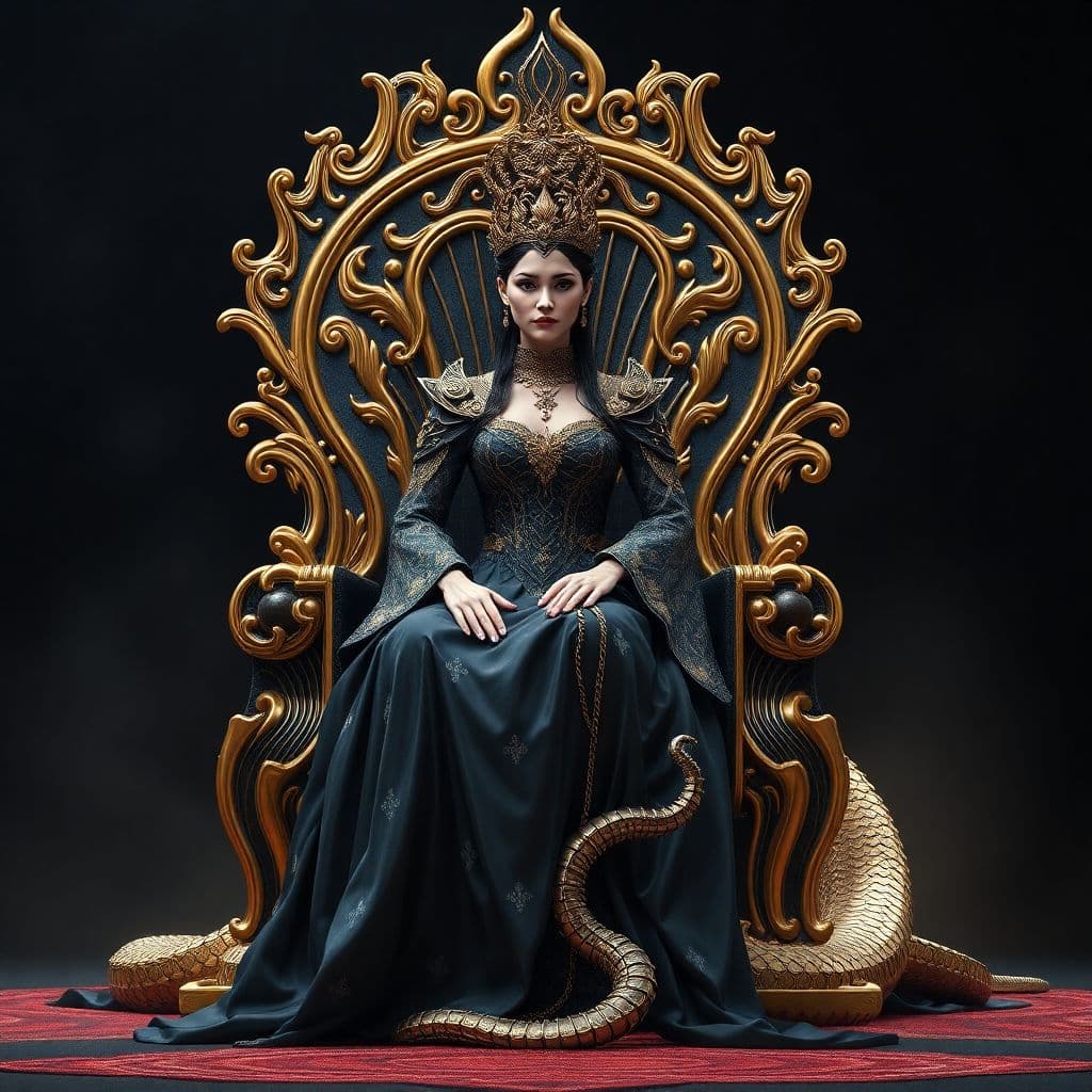 AI generated: A very beautiful queen sitting on a black throne made of gold, with a serpent-dragon like elements a...