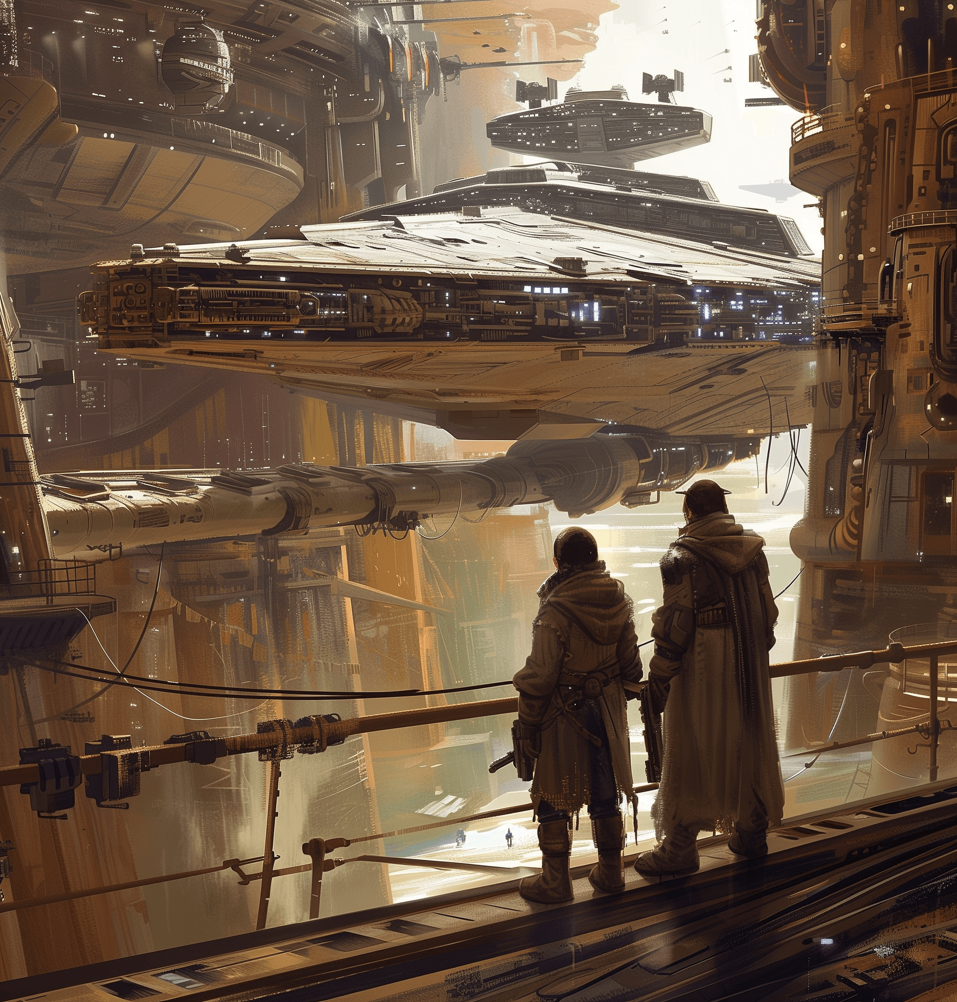 AI generated: star wars, dune style art in the style of John Berkey of two male human pirates standing on the deck...