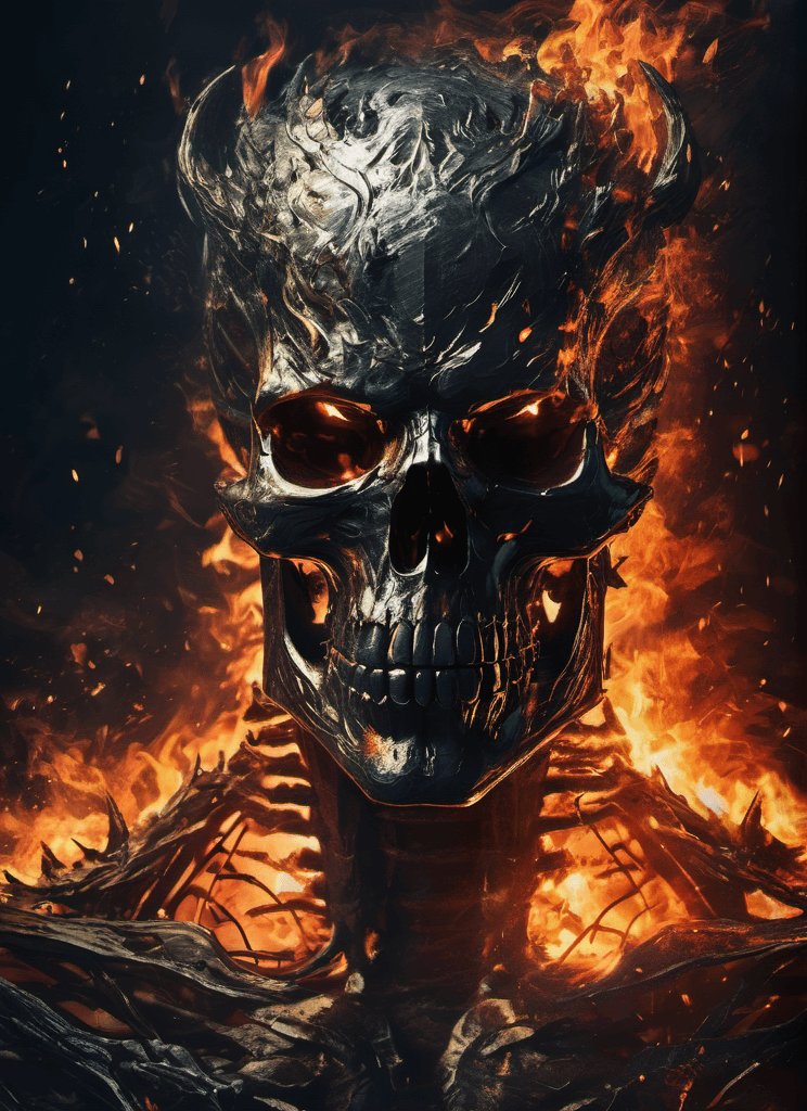 AI generated: a burning demon, skeleton face, brutal composition, gloomy, emotionally profound, horror, intense an...
