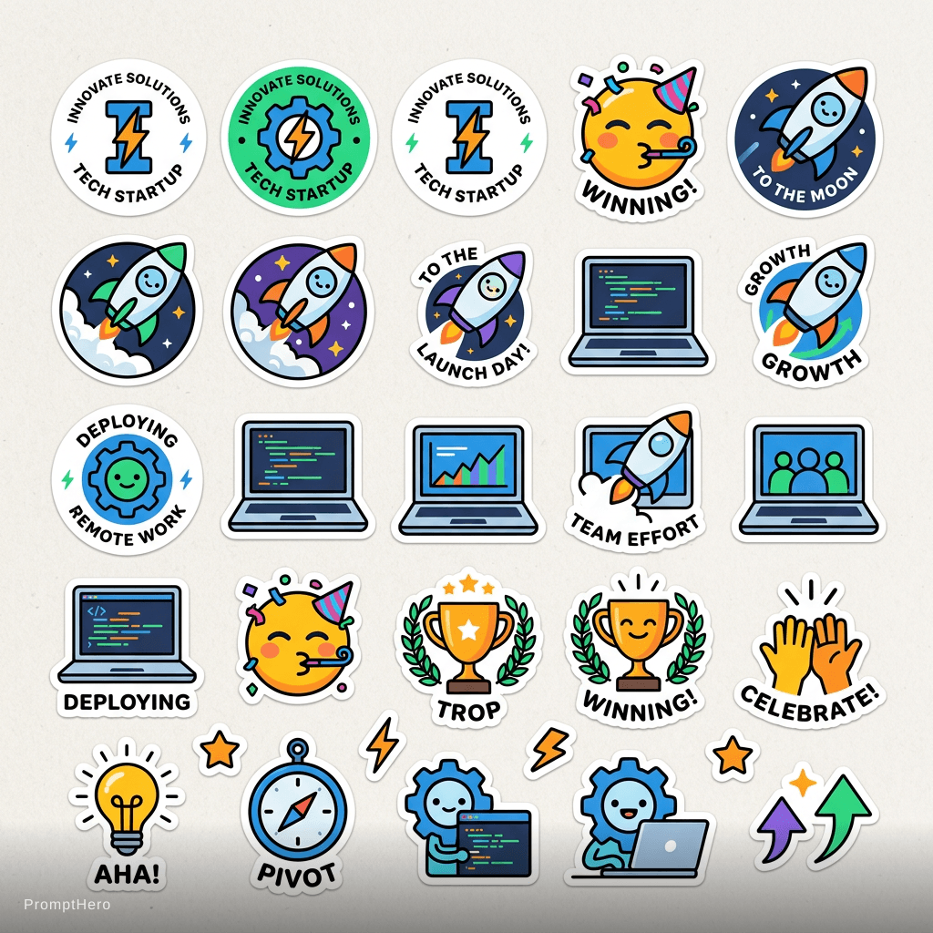 AI generated: tech startup stickers based on the uploaded logo, rocket ships, laptops, celebration emojis, modern ...