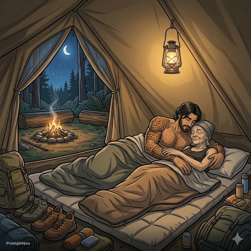 AI generated: ภาพจากด้านในเตนท์ทางขวา นอนกอดกัน
