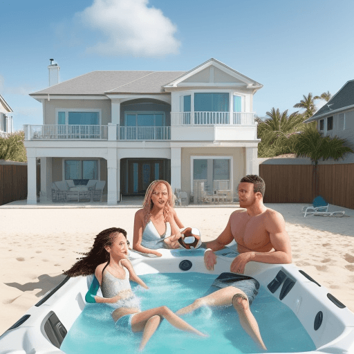 AI generated: "A family enjoying a playful day at a beach house, featuring a jacuzzi and a football game. Half of ...