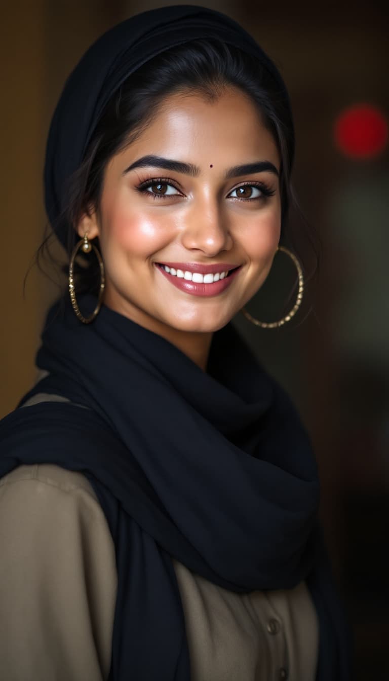 AI generated: Ultra realistic photo of Jaskiran Kaur, She stands, leaning slightly forward with her right shoulder...