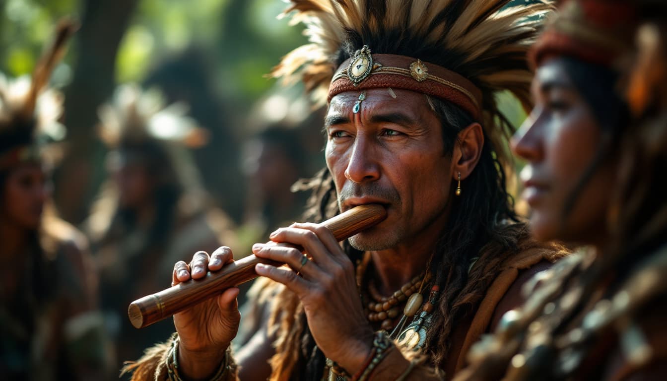 AI generated: A man playing a wooden flute, producing a calm and soul-soothing melody.

. Native Americans are gat...