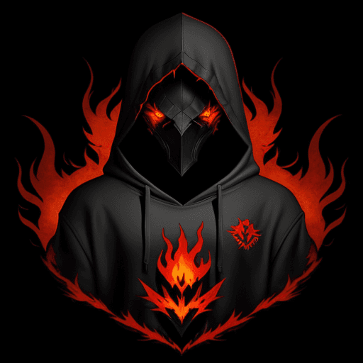 AI generated: The image features a stylized logo of a hooded shadow killer character, dark flames, with a white bo...