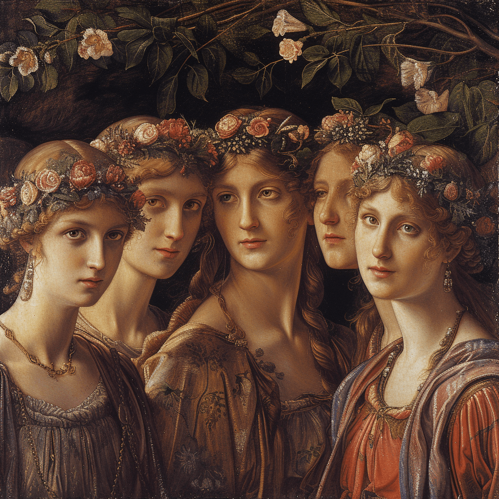 AI generated: beautiful women and daughters of Stymphalus and Ornis --no ugly, long neck, draft, ((text)), ((water...