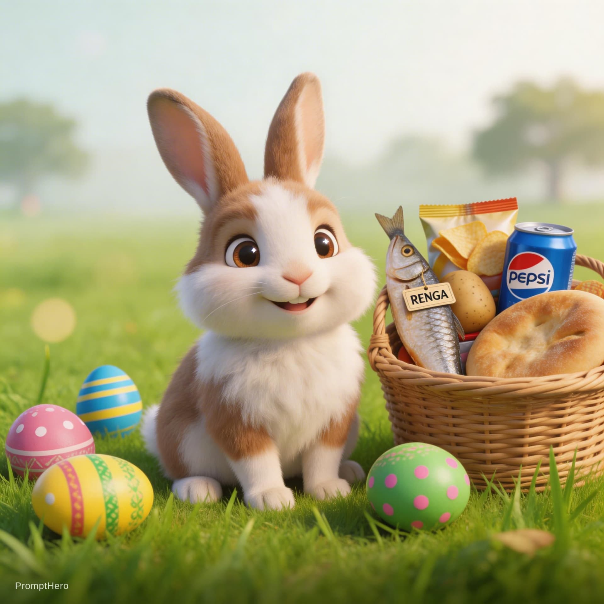 AI generated: Small male rabbit sitting on green grass, surrounded by colorful Easter/Sham El-Nessim eggs, cute an...