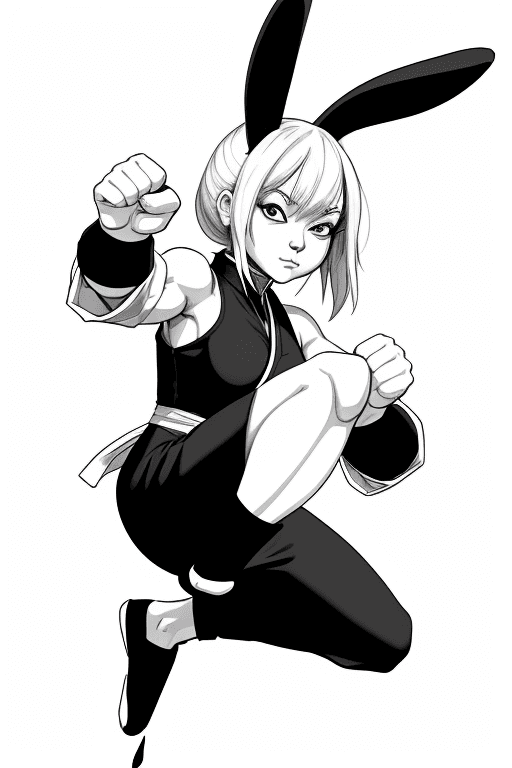 AI generated: sketch, no color, cartoon, line art, 2D, black rabbit woman, rabbit legs, monk, martial arts kick