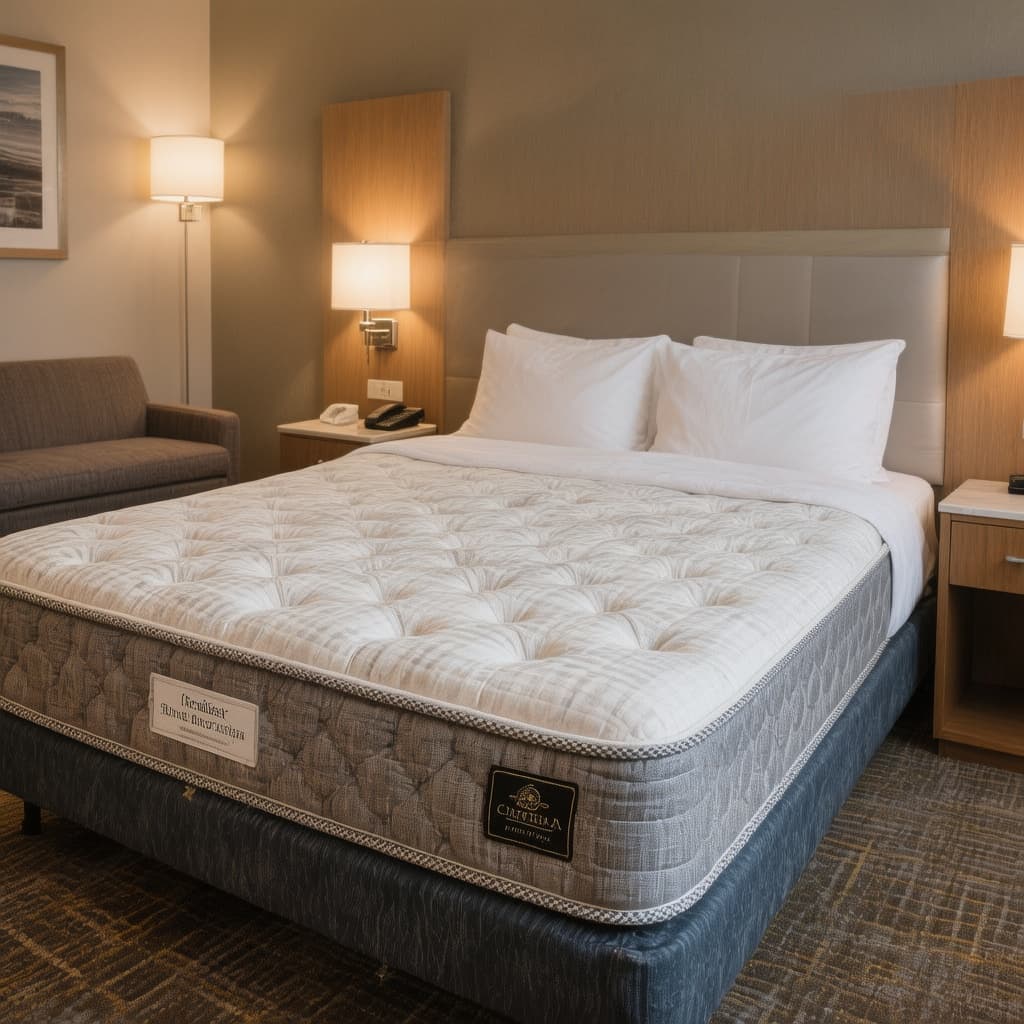AI generated: take a photo in which a recycled mattress is visible in a hotel bed