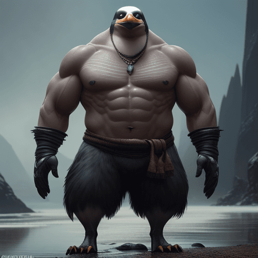 AI generated: muscular anthropomorphic penguin, tall penguin beast, cinematic shot, character art by Greg Rutkowsk...