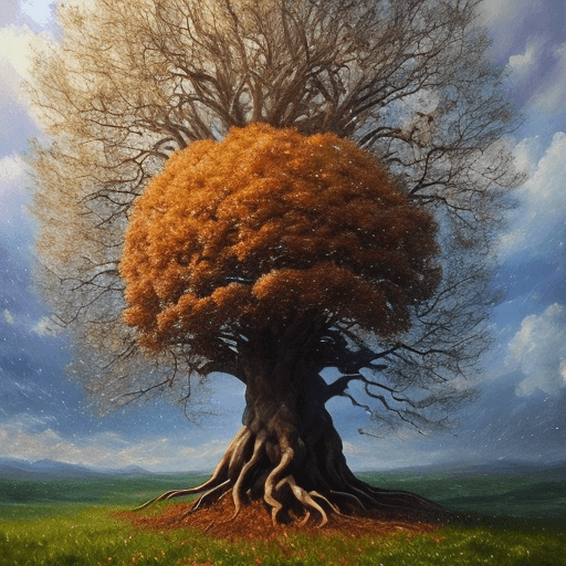 AI generated: Take a front camera shot and a cut in the ground to show the roots of the tree. Painting depicting a...