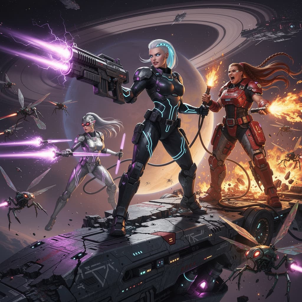 AI generated: A stunningly beautiful and fierce female space marine heroine with sharp angular features, piercing ...