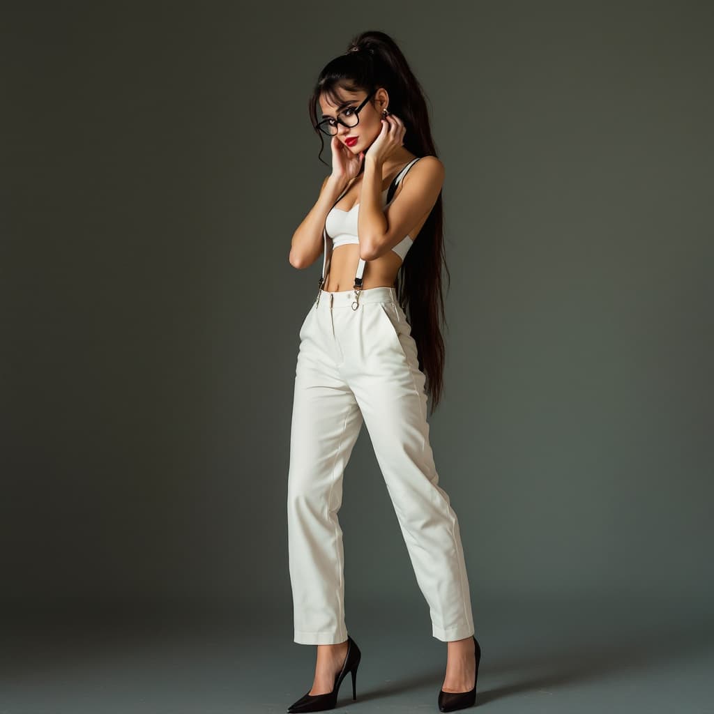AI generated: full body portrait of a europe woman in her 20s,mistress,female ruler,cat eye glasses,suspenders,ski...