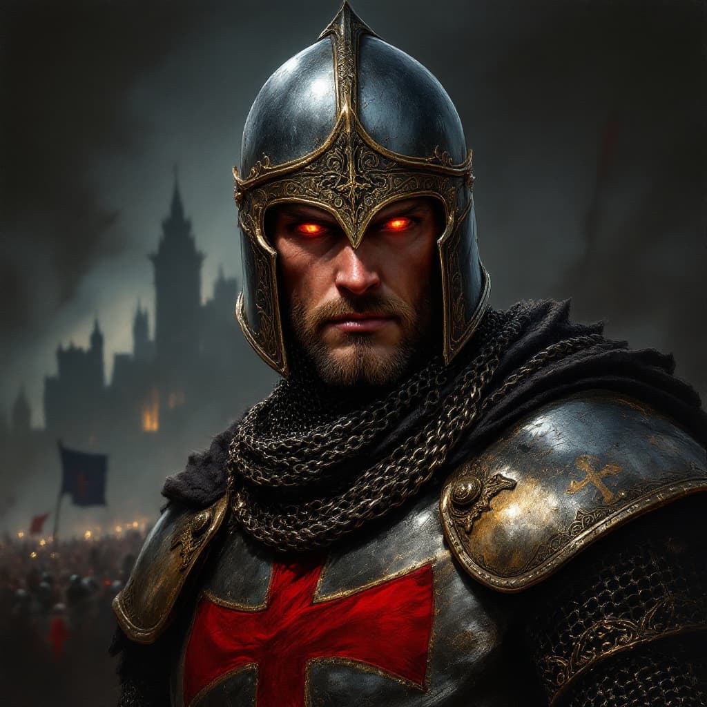 AI generated: oil on canvas, impressionist tendencies, ,A highly detailed digital illustration of a Crusader, capt...