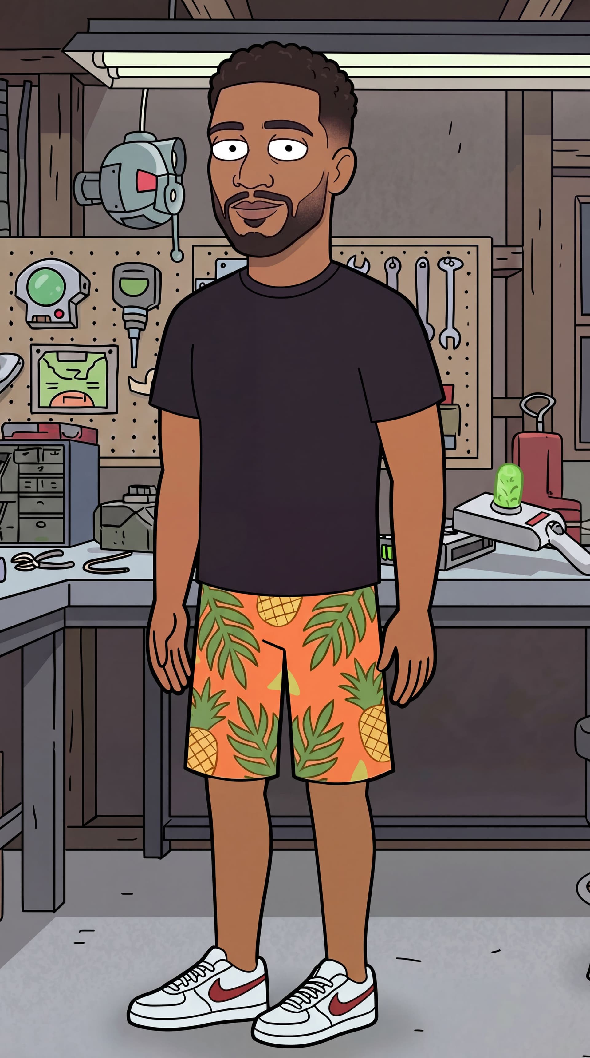 AI generated: fix legs and shoes to phase the side of the torso and head. both legs.