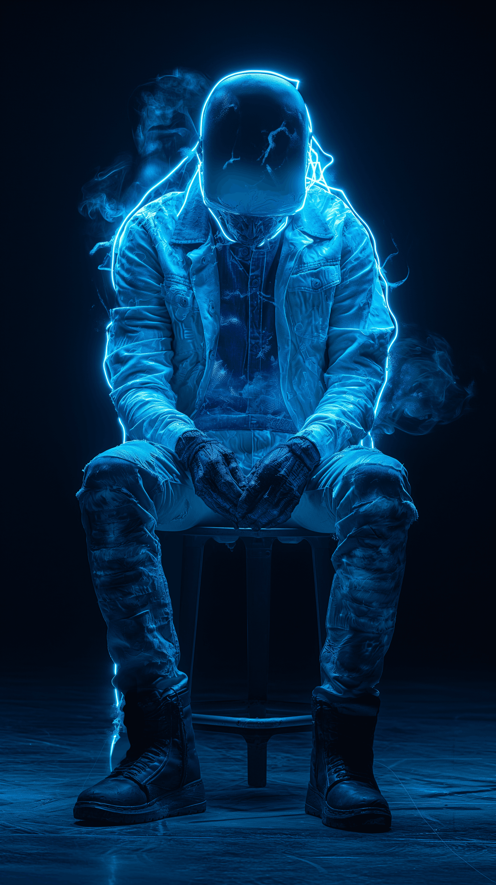 AI generated: black background, blue neon lighting, mechanical man with a strange appearance with sitting on chair...