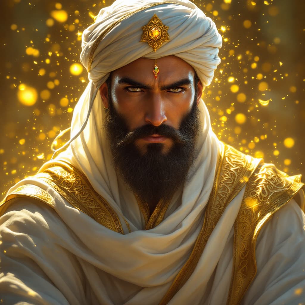 AI generated: A majestic Islamic warrior scholar, wearing a flowing white and gold robe adorned with intricate Ara...