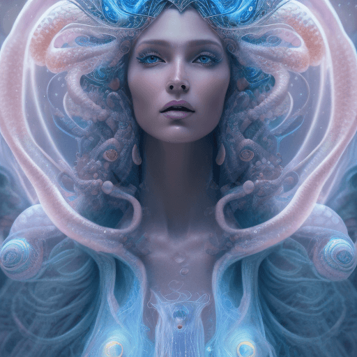 AI generated: Goddess close-up portrait ribcagel. jellyfish phoenix head, nautilus, orchid, skull, betta fish, bio...
