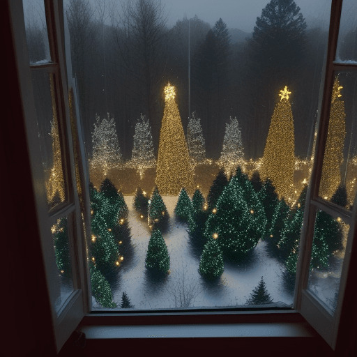 AI generated: view from a window on evening forest, hundreds Christmas trees, lights on all the trees, people hang...
