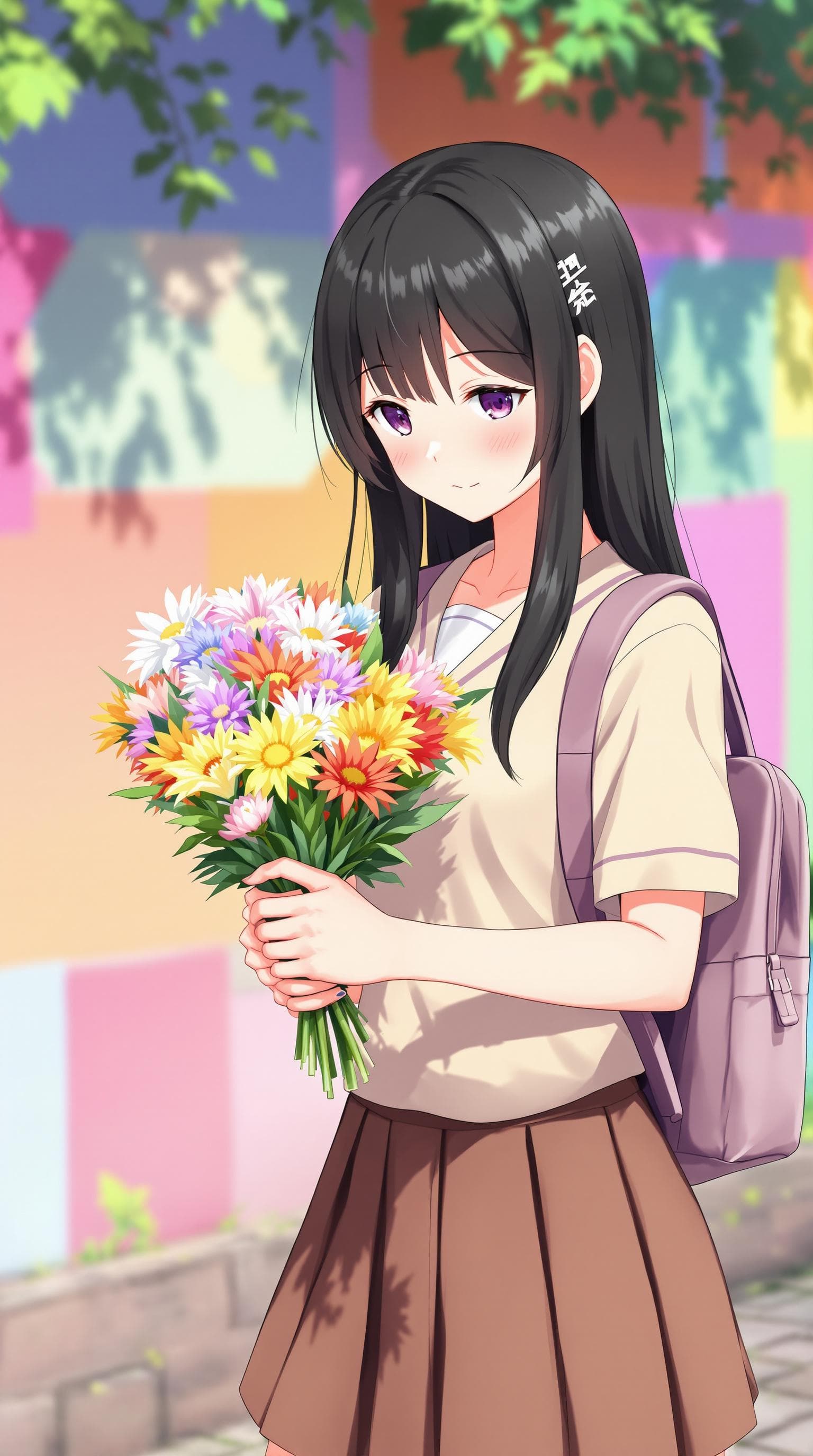 AI generated: In the image, a anime is seen walking outdoors, Lowering the face to the side right down, holding a ...