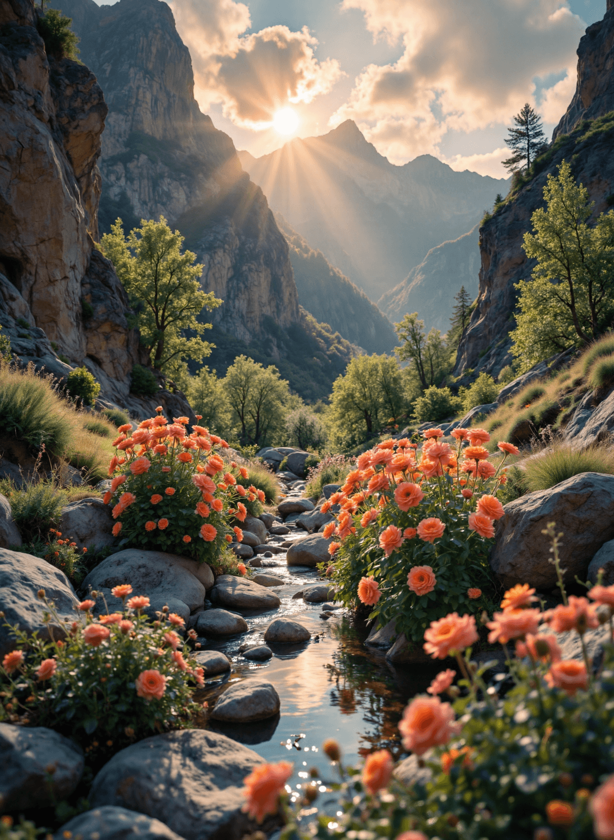 AI generated: The image depicts a breathtaking natural landscape, likely a canyon or a narrow valley, with towerin...