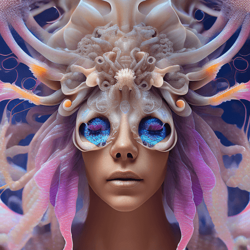 AI generated: Goddess close-up portrait ribcagel. jellyfish phoenix head, nautilus, orchid, skull, betta fish, bio...