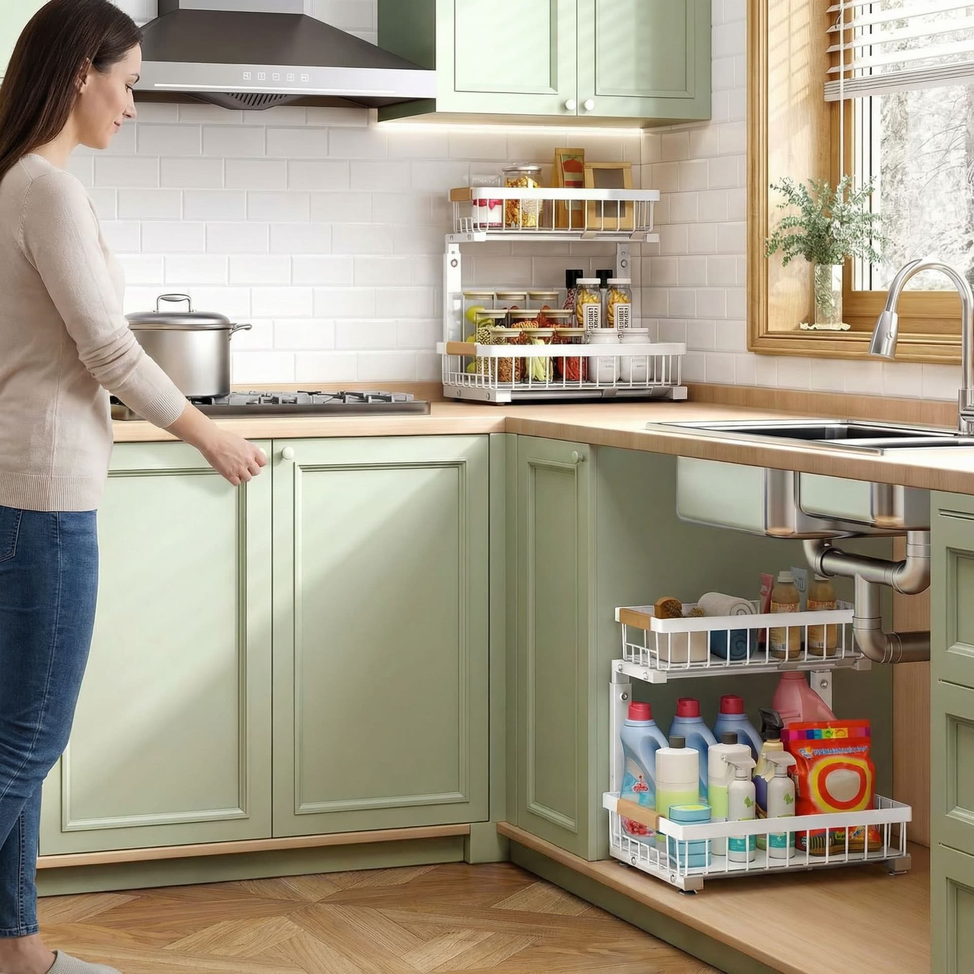 AI generated: Realistic product demonstration video.

SCENE:
A modern kitchen.
Only one lower cabinet is visible i...