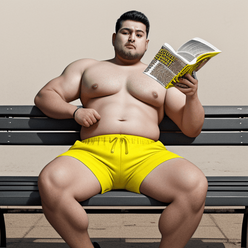 AI generated: "a skinny looking thin guy in yellow shorts with a fish print flexes his muscles in front of a curva...