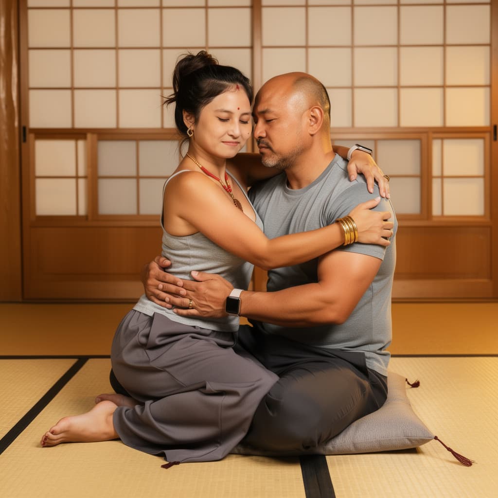 AI generated: This photograph captures an intimate moment between a muscular, bald Asian man with light skin and a...