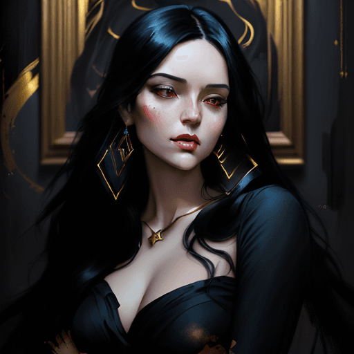 AI generated: a woman with long black hair in a gold painting, in the style of charlie bowater, dark blue and dark...