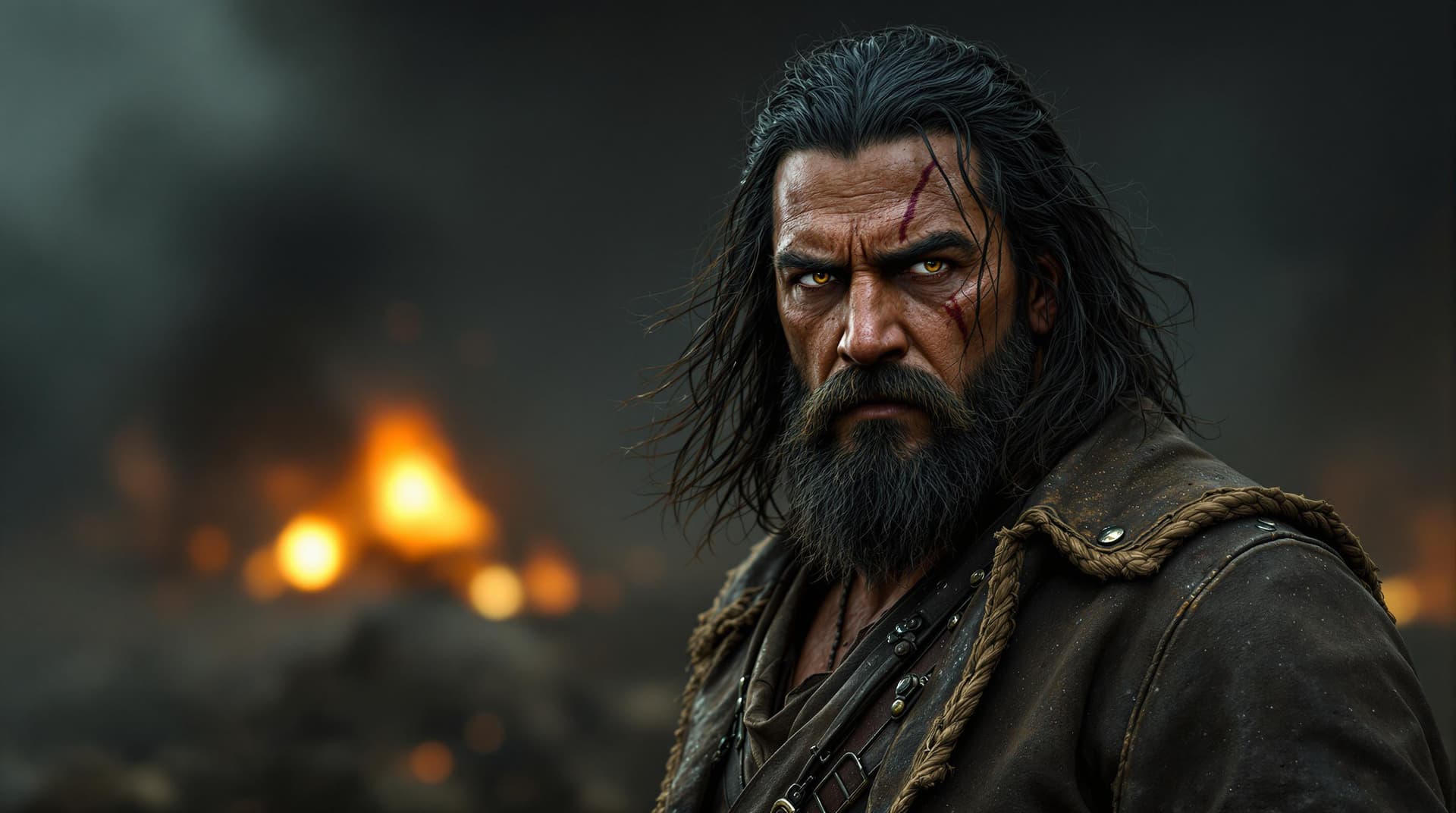 AI generated: A rugged Indian man with long, wavy hair and a thick beard, wearing a battle-worn leather jacket and...