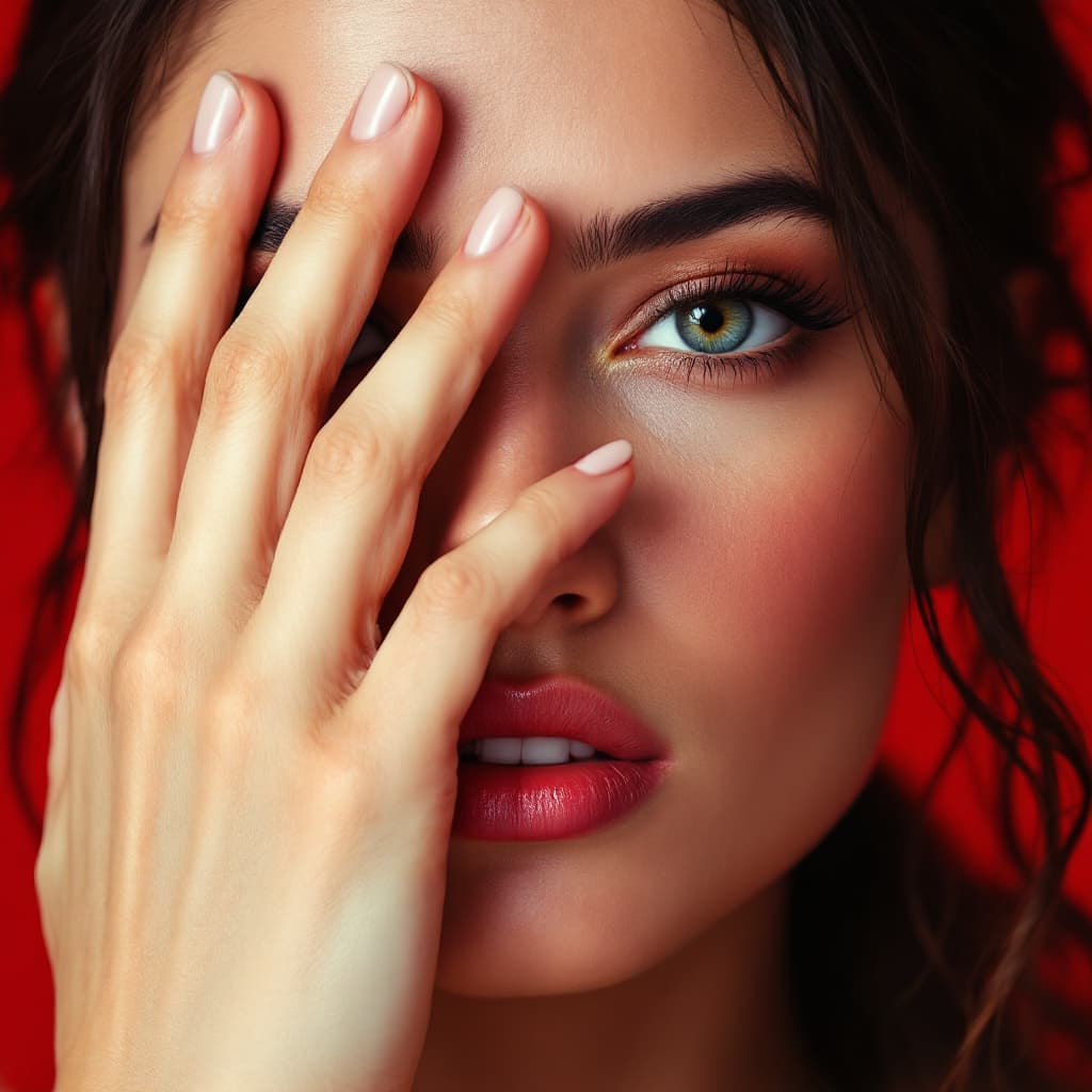 AI generated: image of a woman with a thoughtful expression, covering half of her face with her hand, pure red bac...