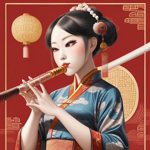 AI generated: "Illustration, girl playing the Chinese flute, opera music, random two to three colors, outline, edg...
