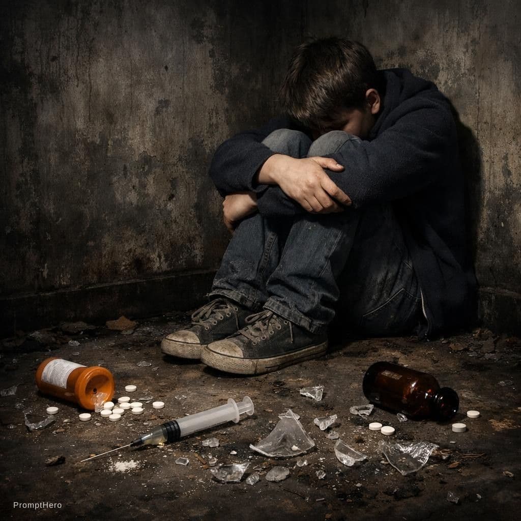 AI generated: 
A  teenager sitting alone in the corner of a dark room, hugging his knees.and opened drug bottles a...
