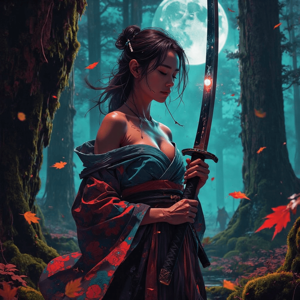 AI generated: A serene yet intense scene in a dense, ancient forest during the stillness of twilight. A woma, one ...