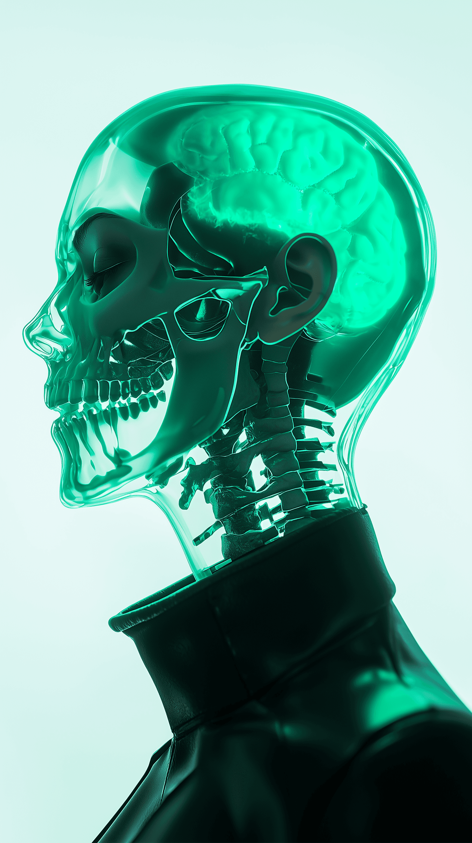 AI generated: ethereal portrait of a woman, transparent skin revealing her skull, glowing with a neon-green bio-lu...