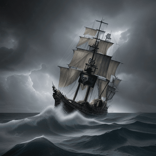 AI generated: A sinking pirate ship, stormy sky, rough sea, open sea, deep sea