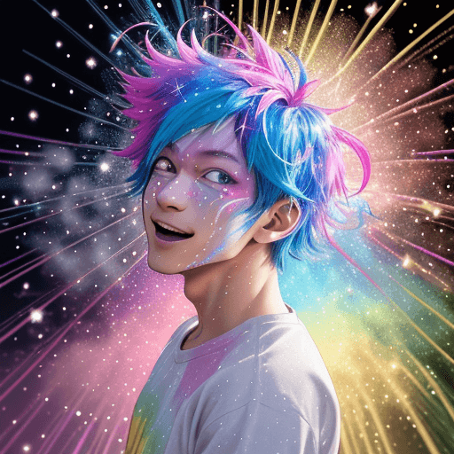 AI generated: Pan Shot, a playful anime character dissolving into sparkling, magical particles, transforming into ...