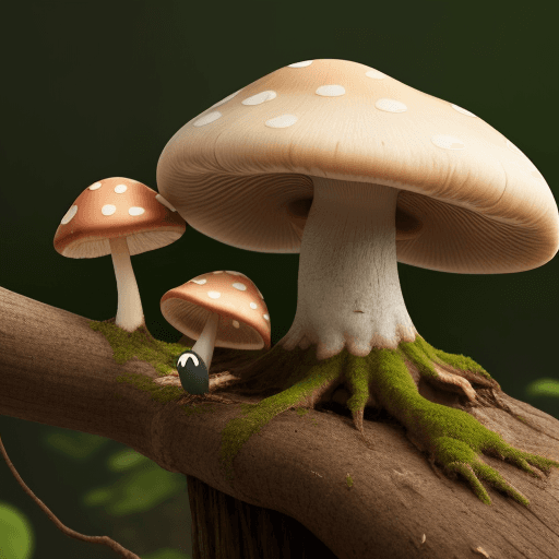AI generated: Photo of a single cute mushroom with teeth eating dead tree as breakfast