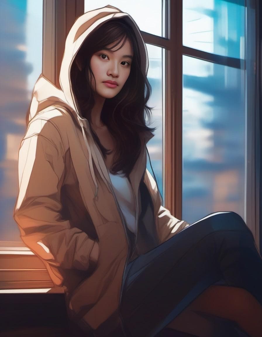 AI generated: half body portrait of a beautiful girl by a window, hoodie, dynamic lighting, shadows, sultry, anime...