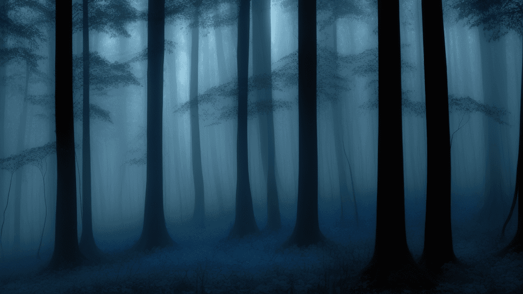 AI generated: Dark forest with foggy background and blue sky.