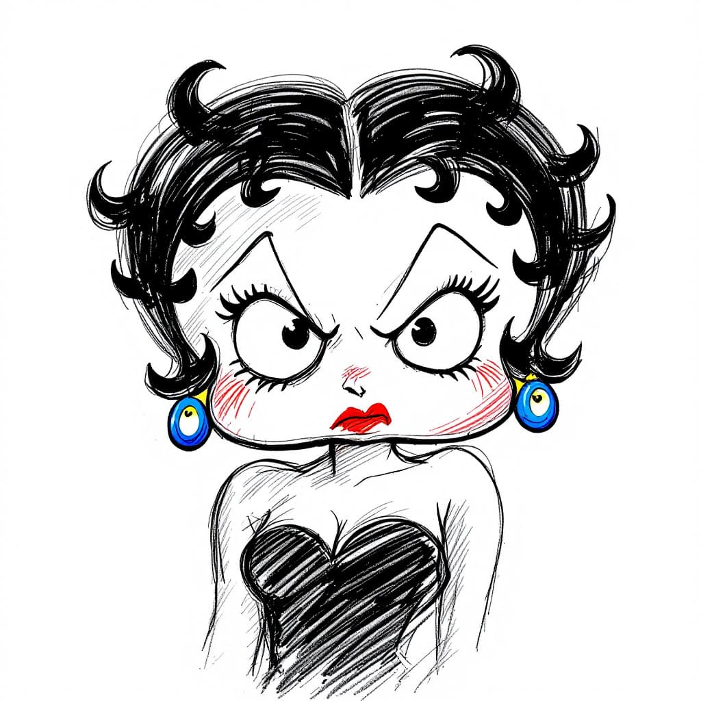 AI generated: Cartoon sketch of an angry Betty Boop , white background, drawing made in colored pencil and thick l...