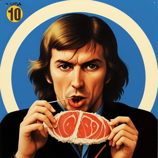 AI generated: In the style of a 1970's Yugoslavian record cover, a man eating a raw tuna fish