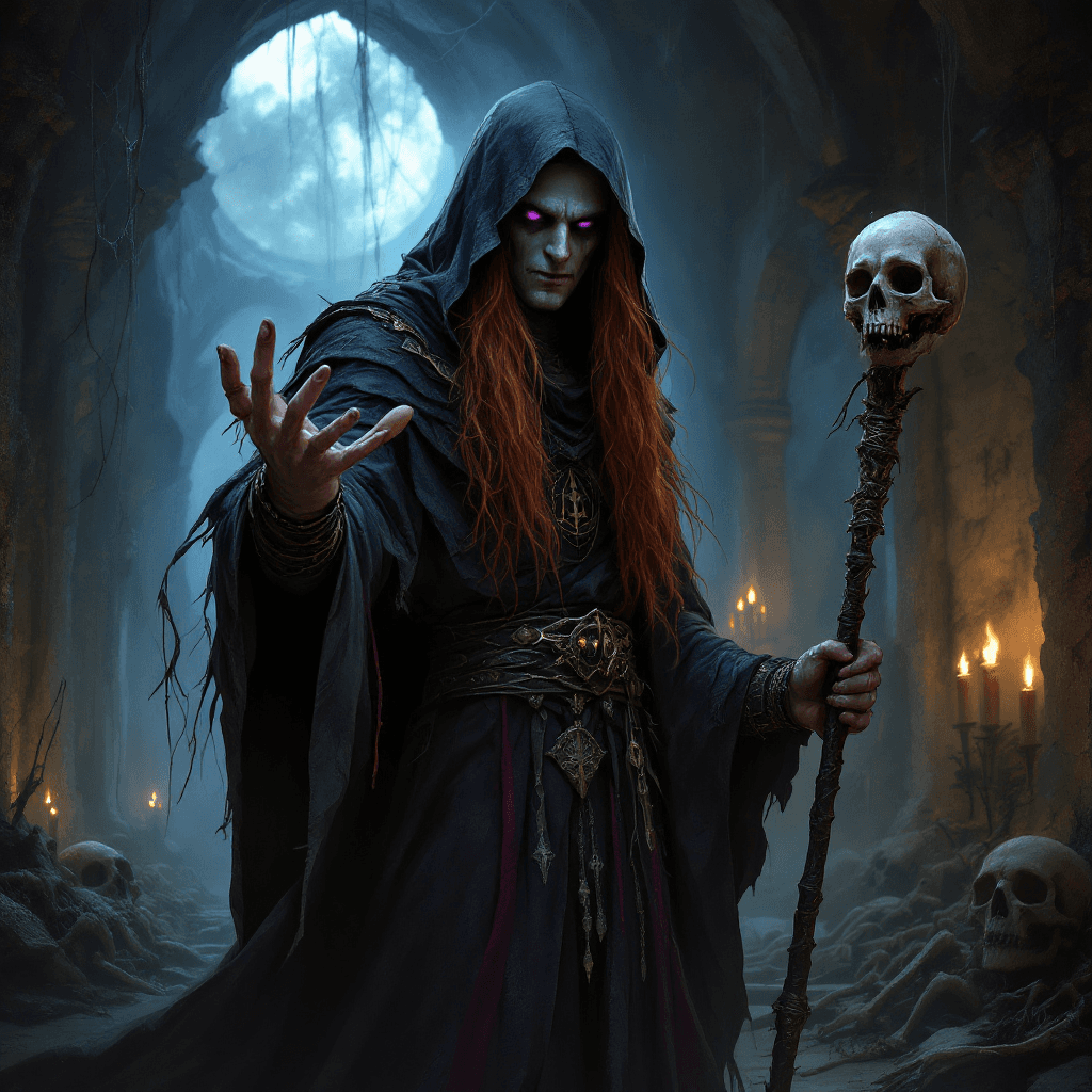 AI generated:  mysterious necromancer with long, dark auburn hair, partly hidden beneath a dark hood. His eyes are...