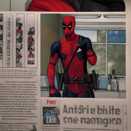 AI generated: portrait512 Deadpool from Marvel in a mask reading (newspaper:0.8) in a diner, a still from the cine...