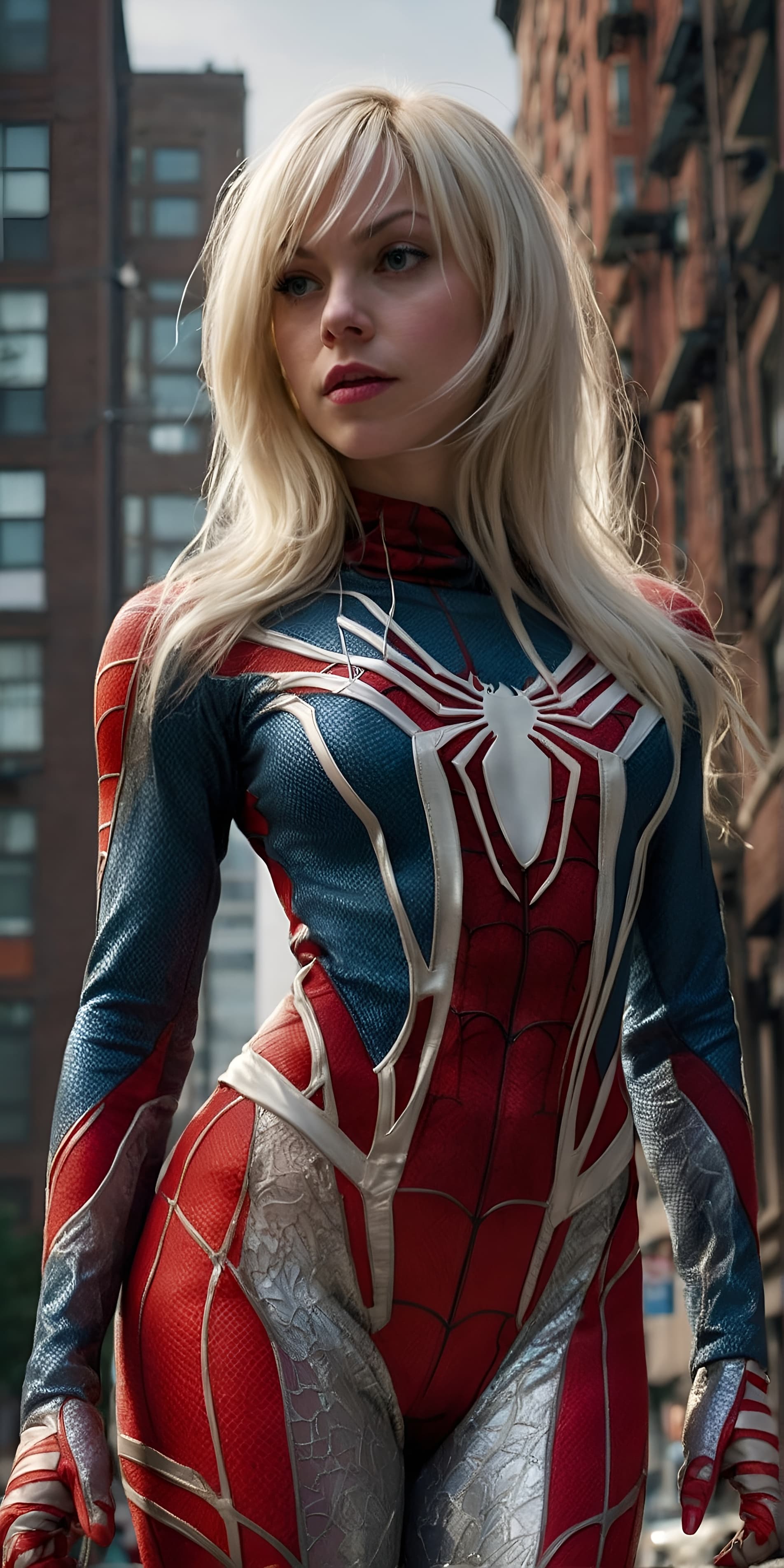 AI generated: Gwen Stacy as a Spiderwoman hero, classical color, realistic, ultra detailing, gorgeous, intricate d...