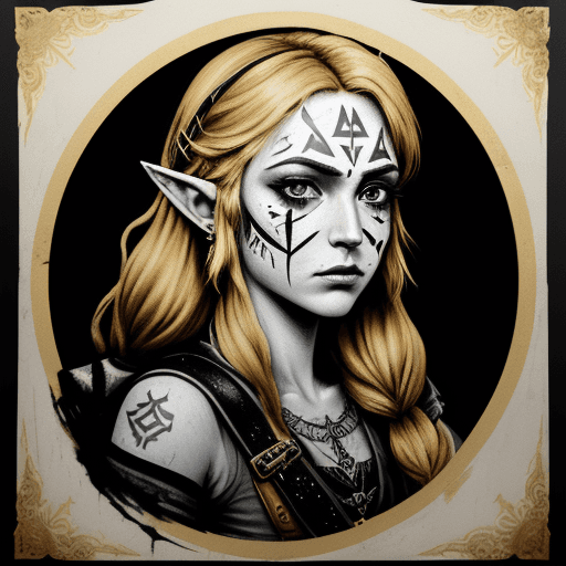 AI generated: portrait of zelda with painted face in golden brown with white outline, in the style of piratepunk, ...